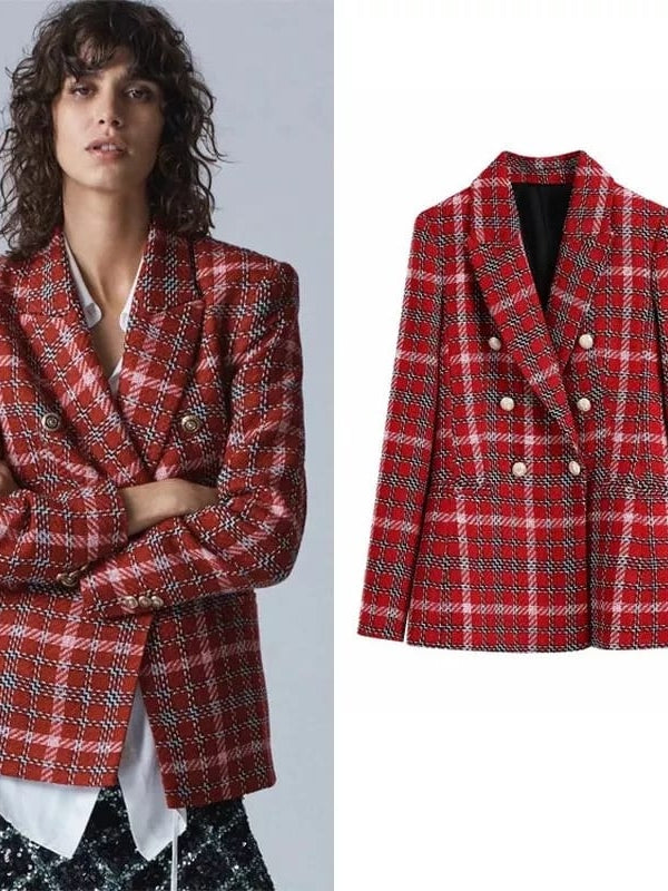 Red Plaid Textured Tweed Blazer