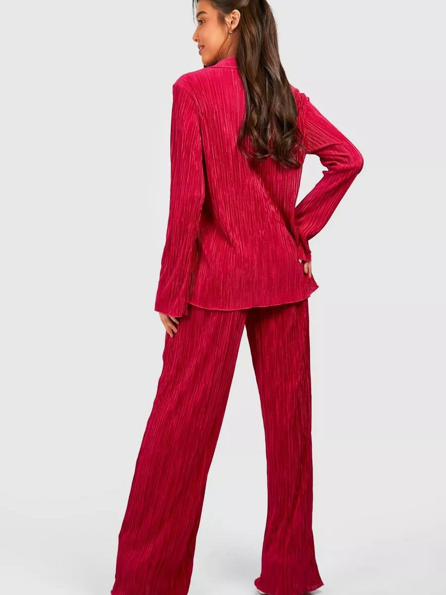 Oversized Pleated Shirt & Pants Elastic Waist Set