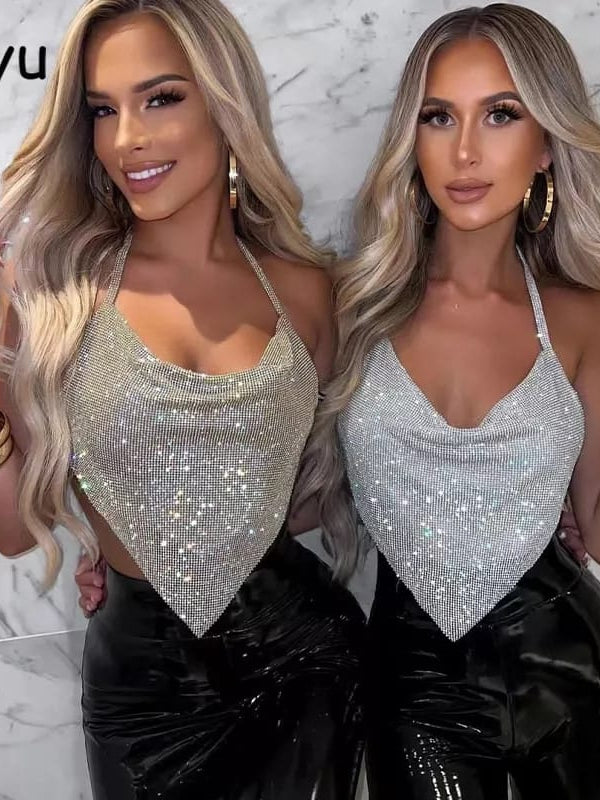 Halterneck Rhinestone Backless Top