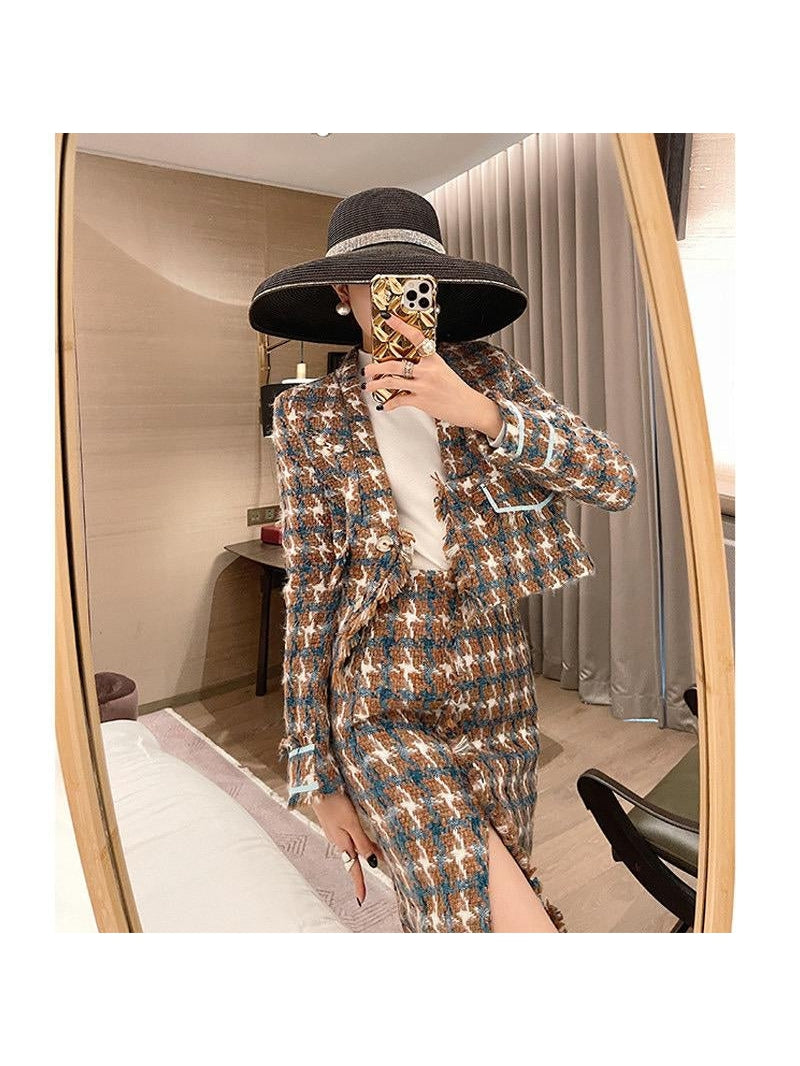 V Neck Tweed Blazer & Slit Skirt Coord Set