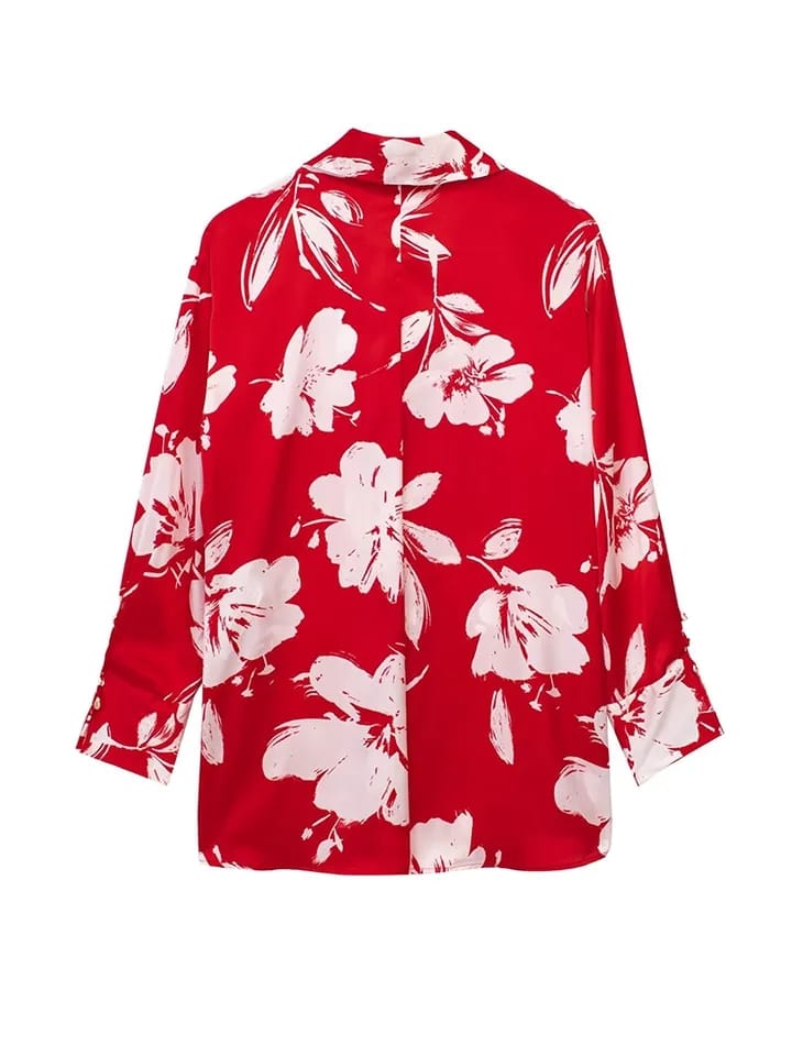 Red Floral Print Satin Shirt