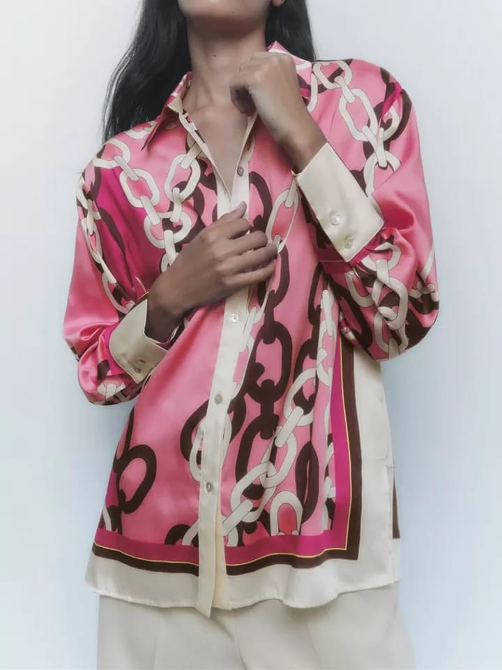 Pink Chain Print Satin Shirt