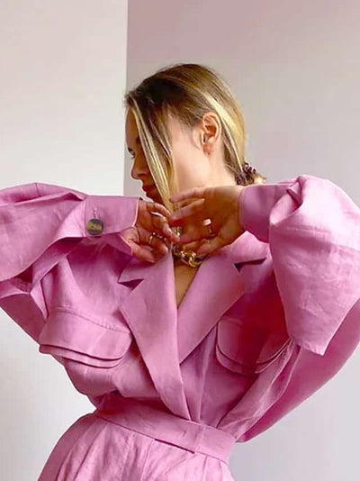 Pink Oversized Fit Linen Blazer Pattern Shirt & Pants Coord Set