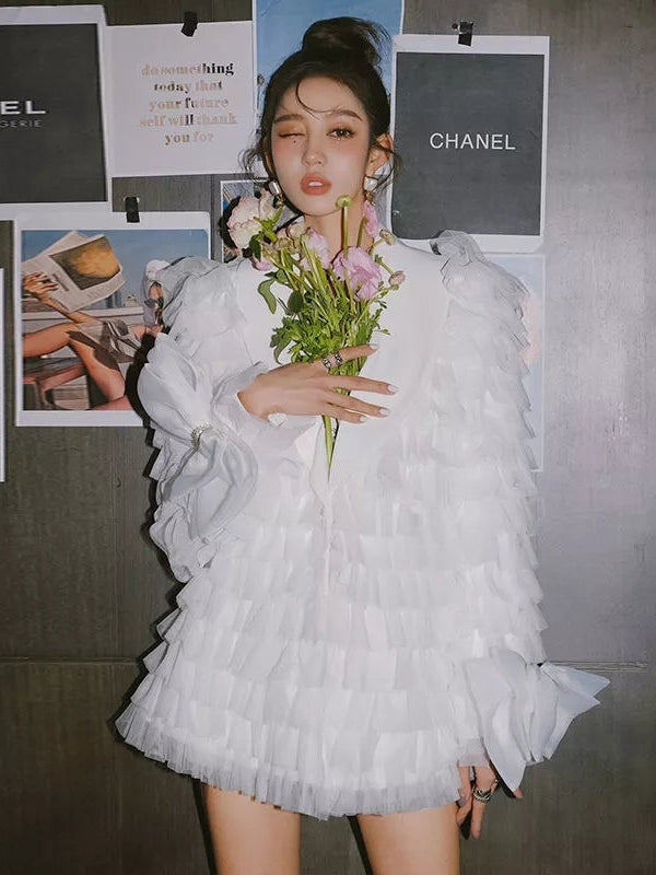 White Ruffles Blazer Dress