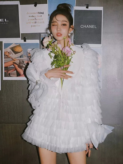 White Ruffles Blazer Dress