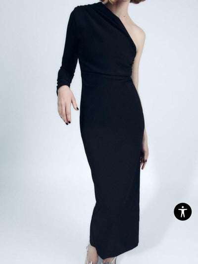 Black One Shoulder Long Slit Dress