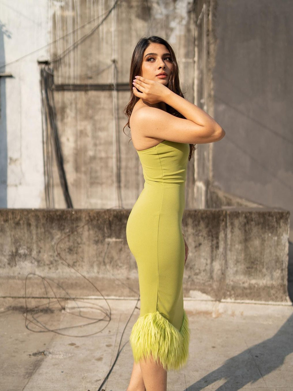 Green One Shoulder Halter Neck Feather Dress