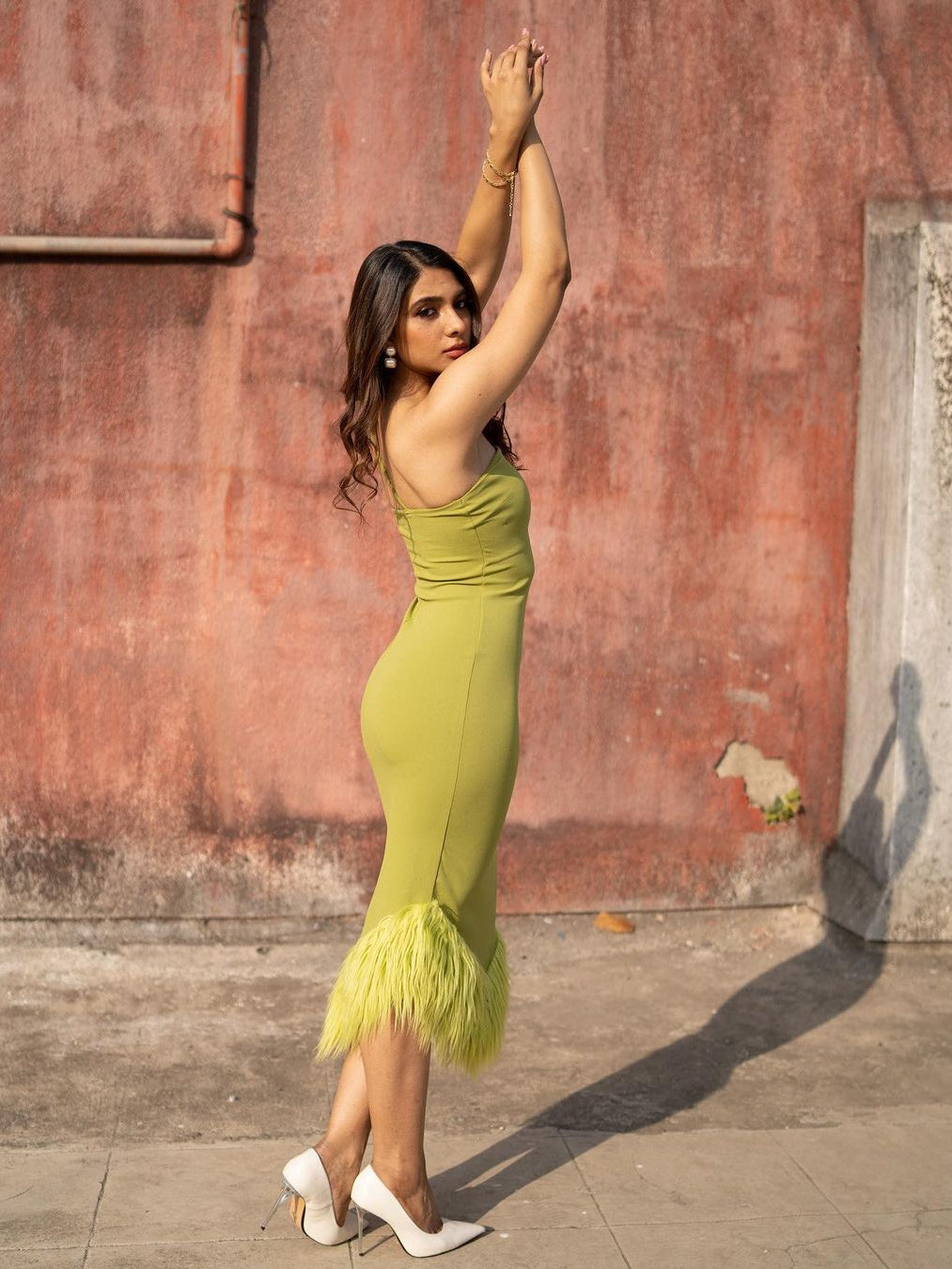 Green One Shoulder Halter Neck Feather Dress