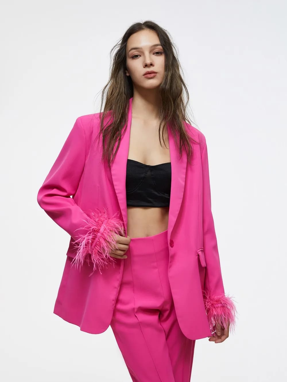 Feather Sleeves Blazer & Pants Coord Set