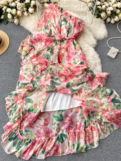 Floral Print One Shoulder Ruffles Maxi Dress