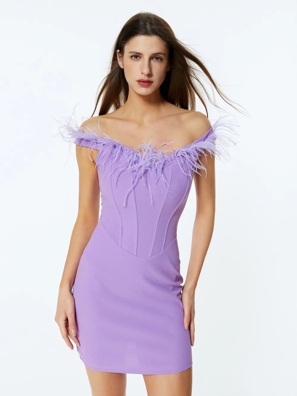 Off Shoudler Corset Feather Fur Dress