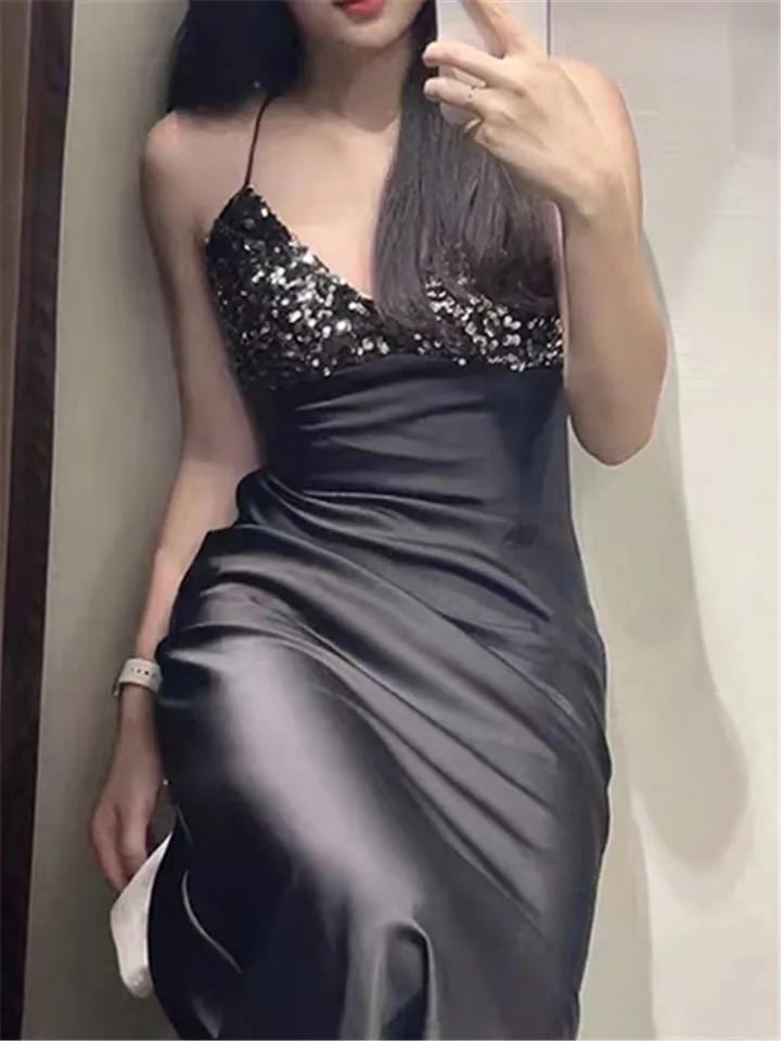 Spaghetti Strap Sequins Satin Maxi Dress