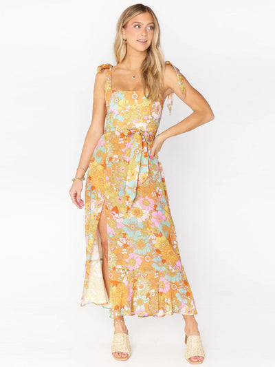 Lace up Tube Top Split Floral Dress with Belt