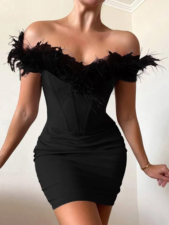 Off Shoudler Corset Feather Fur Dress