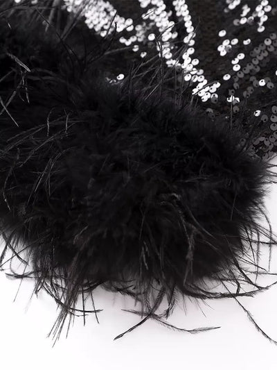 One Shoulder Sequins Feather Fur Dress