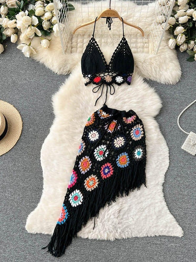 Crochet Bikini & Short Tassel Skirt Set