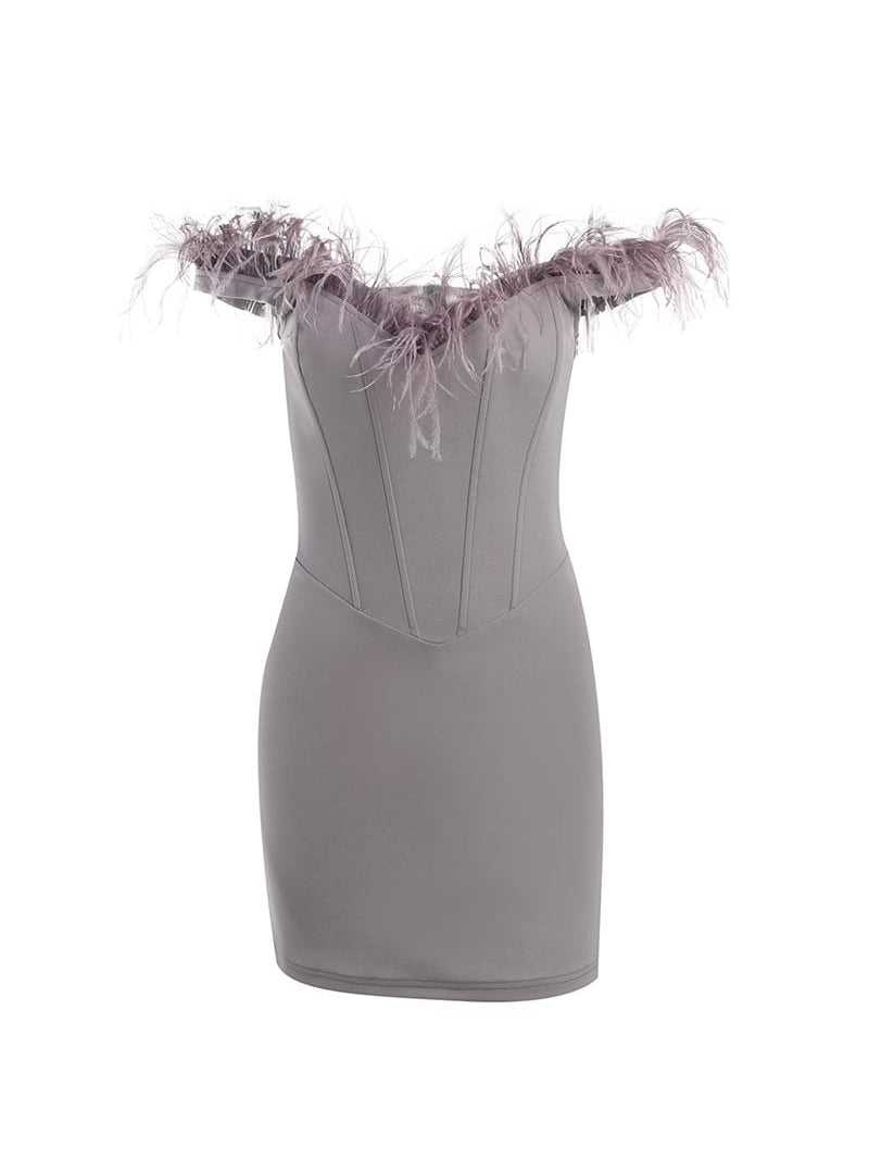 Off Shoudler Corset Feather Fur Dress