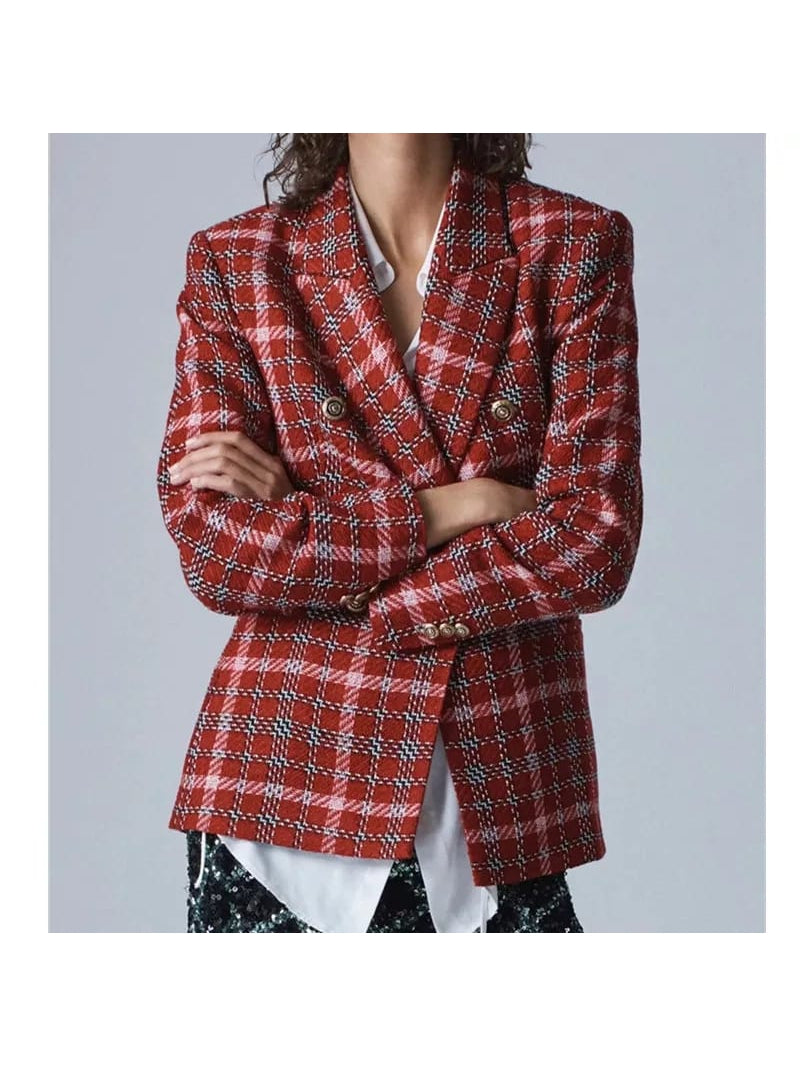 Red Plaid Textured Tweed Blazer