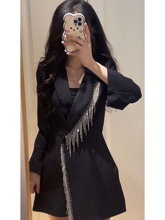 Black Rhinestone Tassel Blazer Dress