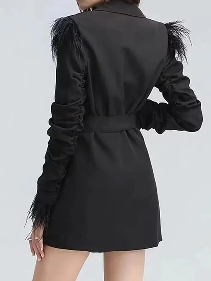 Black Feather Sleeves Blazer Dress