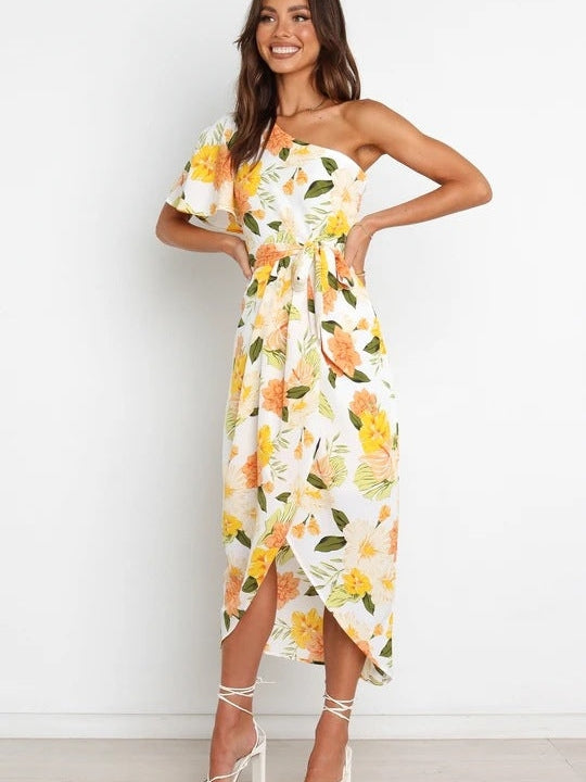 One Shoulder Floral Print Asymmetric Dress