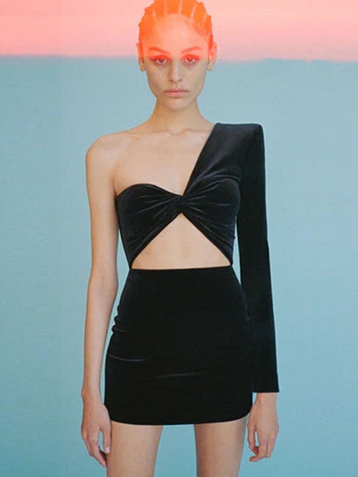 One Shoulder Kinked Pleated Hollow Out Cutout Dress