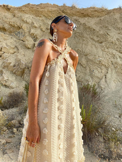 Halter 3D Floral Mop Tiered Dress