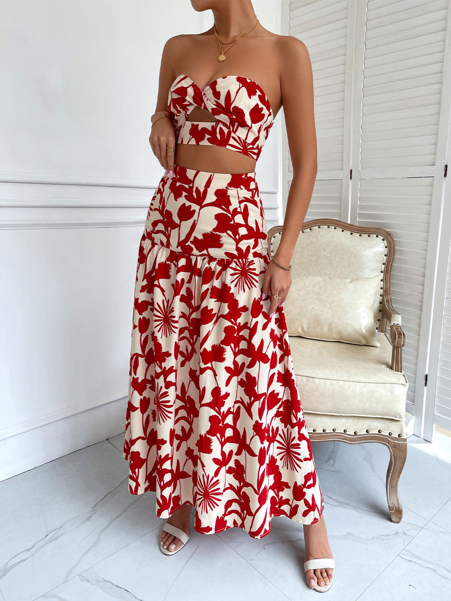 Floral Print Tube Crop Top & Long Skirt Coord Set
