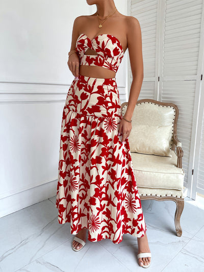 Floral Print Tube Crop Top & Long Skirt Coord Set