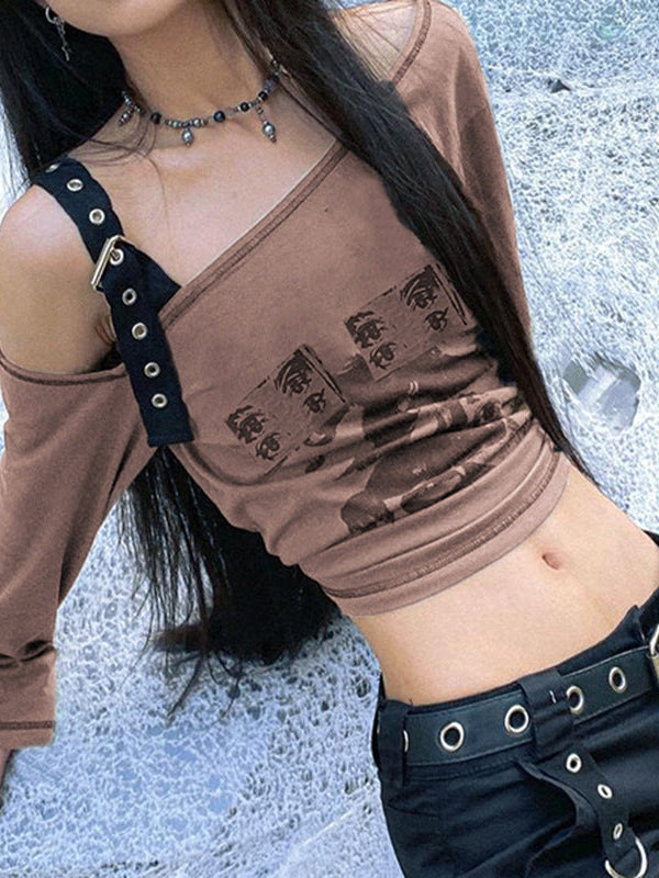 Vintage Print One Shoulder Asymmetric Crop Top T Shirt
