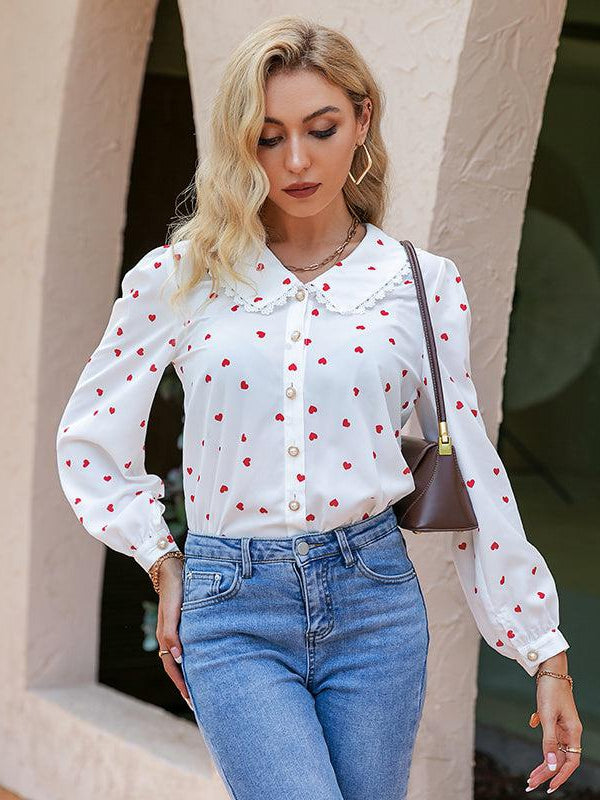Casual Lantern Sleeve Pan Collar Love Pattern Top - SR Store