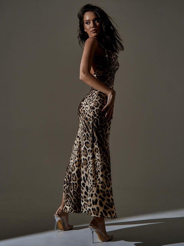 Animal Print Backless Slit Strap Dress