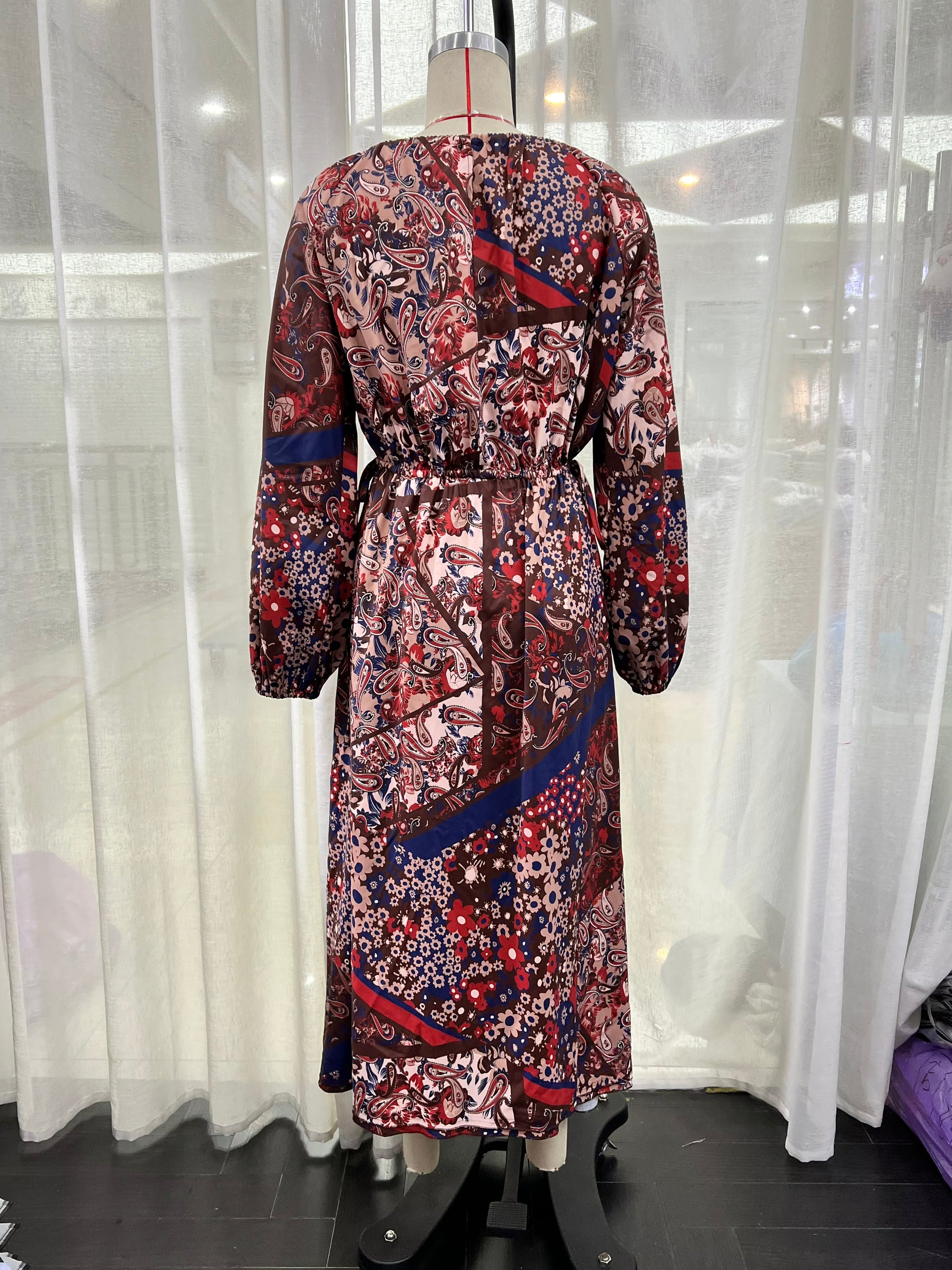 Floral Print Round Neck Lace Up Maxi Dress