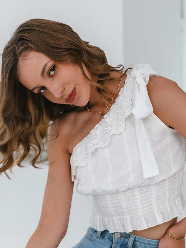 One Shoulder Mesh White Tank Top