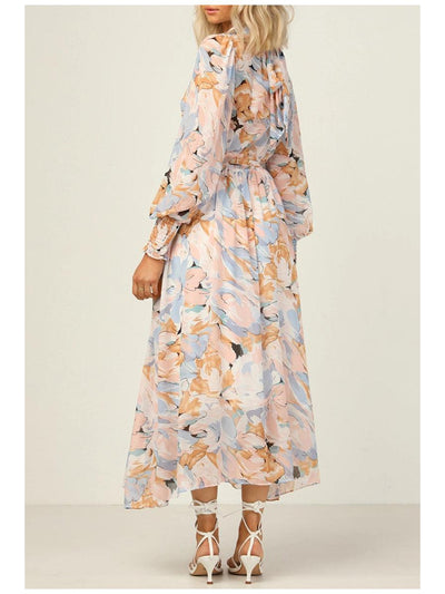 Lantern Sleeve Chiffon Floral Dress