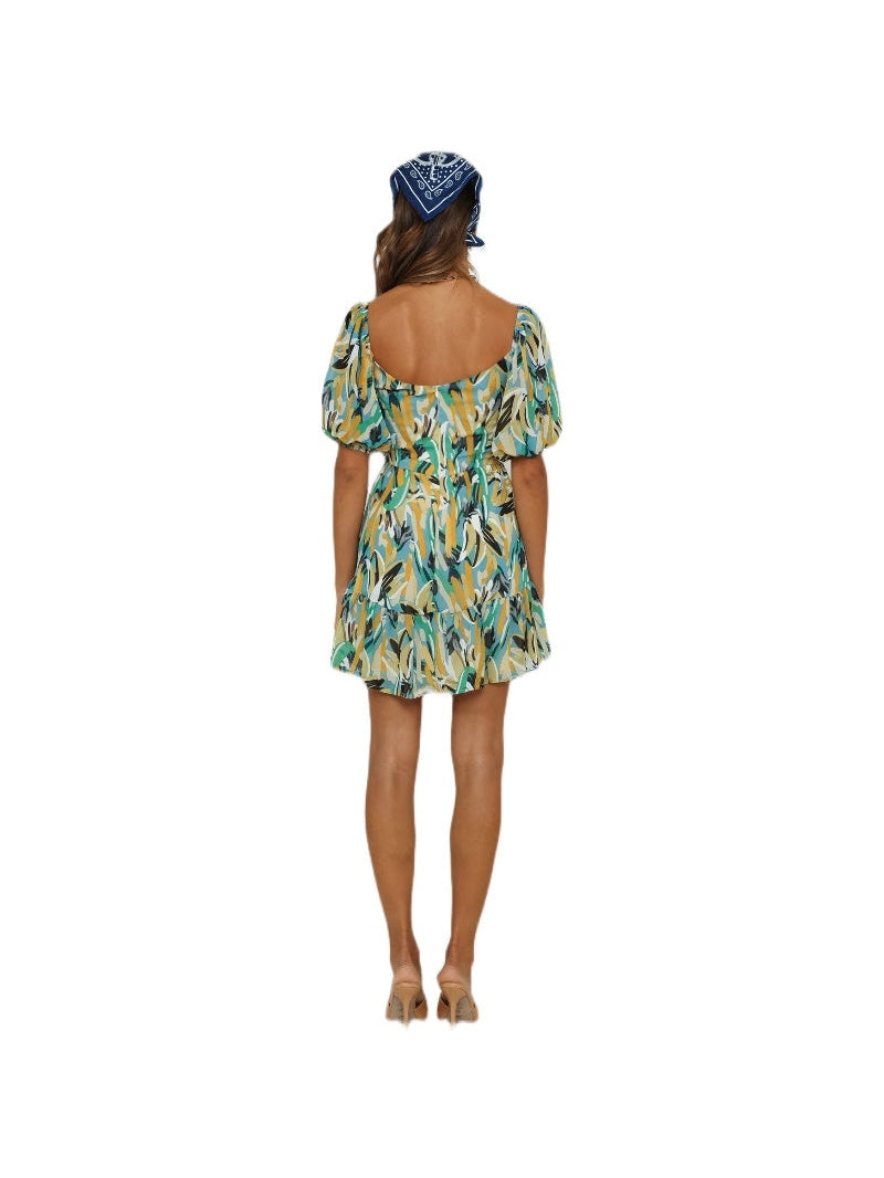Summer Print Square Short Sleeve Tie A Line Dress