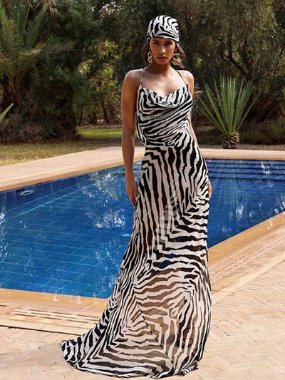 High Slit Zebra Print Backless Maxi Dress