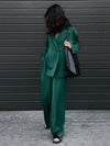 Green Satin Drape Blazer & Wide Leg Pants Coord Set