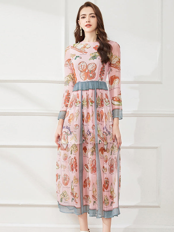 Light Silk Chiffon Printed Crew Neck A Line Dress