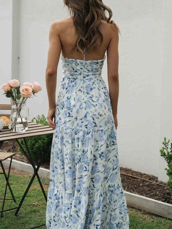 Floral Print Chiffon V Neck Sleeveless Maxi Dress