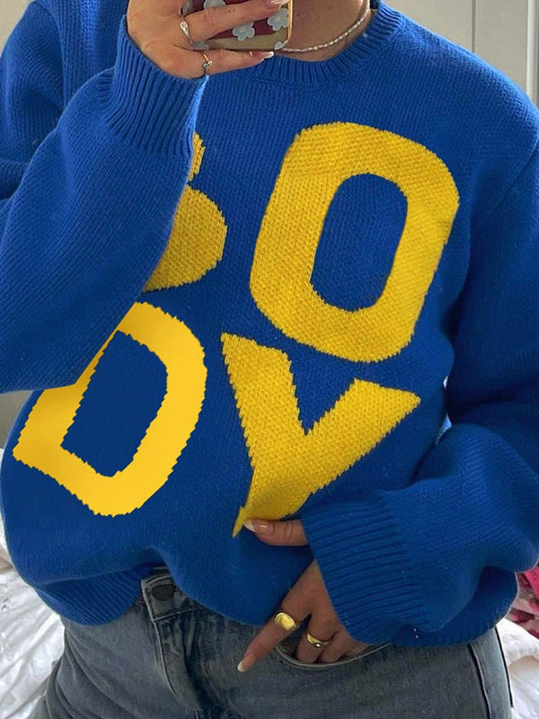 Knitted Boy Letter Print Oversized Sweater Top