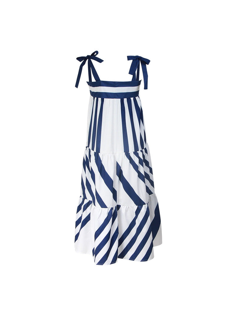 Suspender Lace up Mid Length Striped Loose Dress