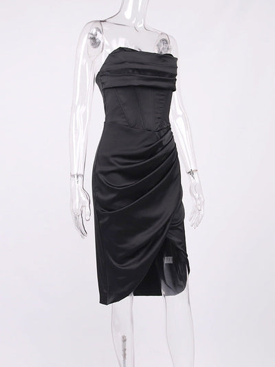 Black Satin Fold Split Hip Tube Corset Dress