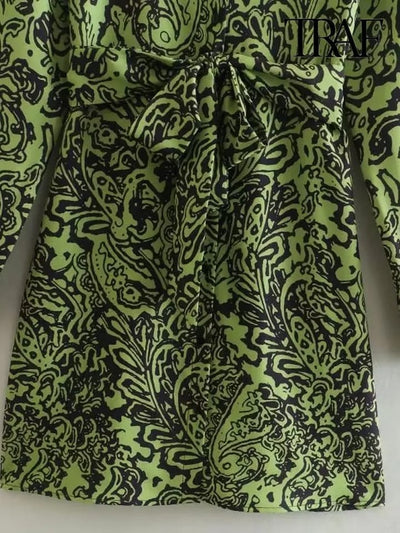 Green Satin Print Dress