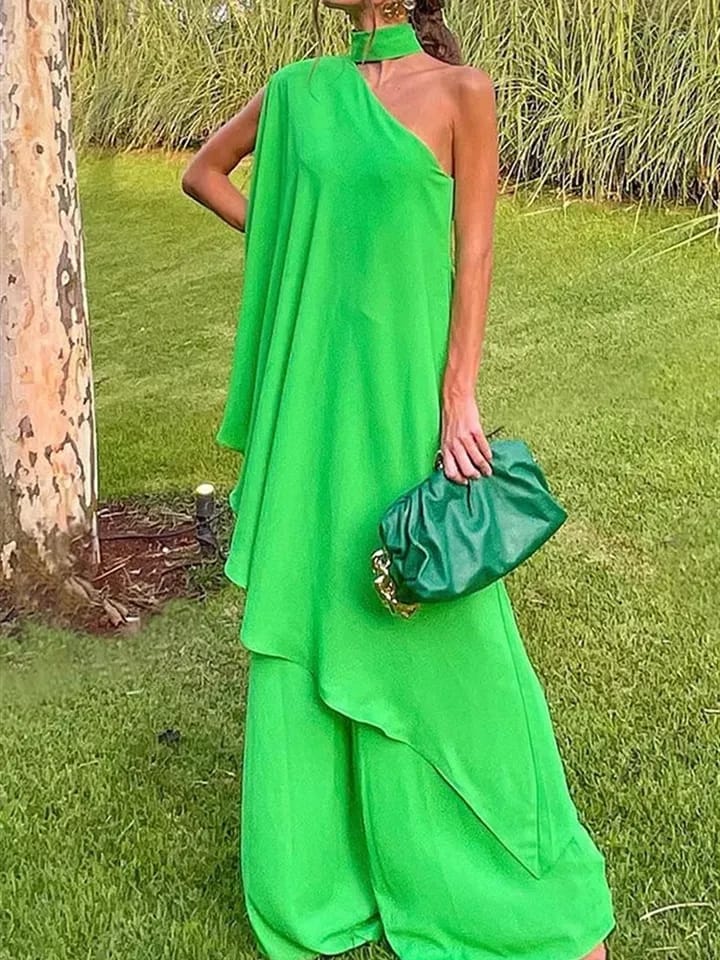 Green One Shoulder Oversized Fit Top & Loose Pants Coord Set