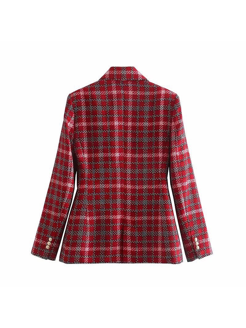 Red Plaid Textured Tweed Blazer