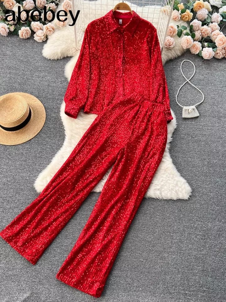 Sequins Shirt & Pants Coord Set
