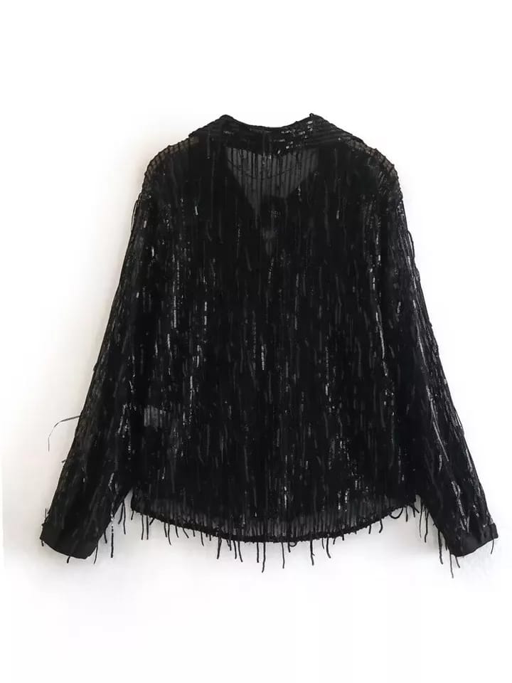 Tassel Mesh Sequins Shirt & Pants Coord Set