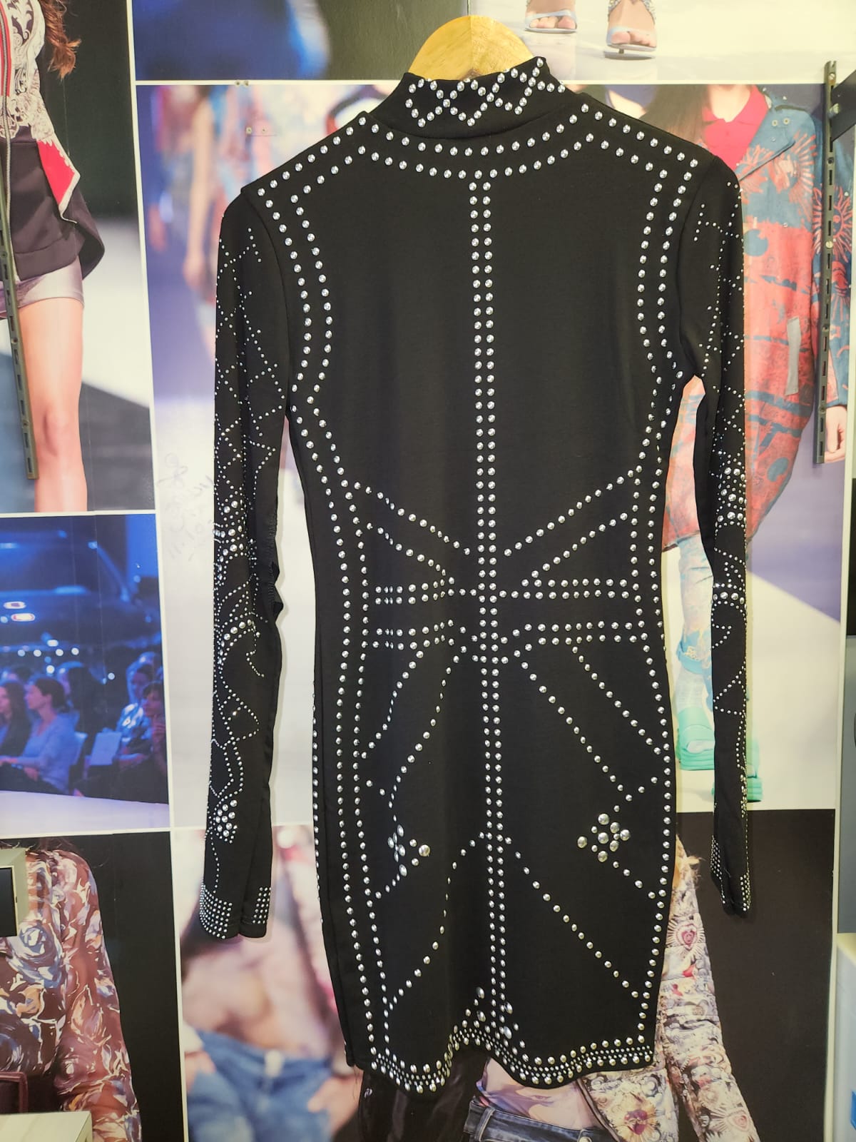 Rivet Buttons Rhinestone Black & Golden Dress Dress