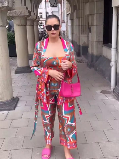 3 Piece Kimono Crop Top & Pants Set